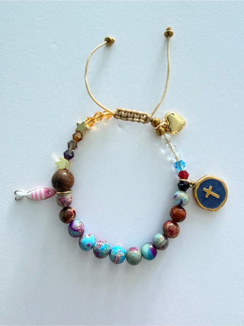 Hand Crafted Gold Multicolor Beaded Charm Bracelet with Blue Cross Disc - Picture 4 of 5